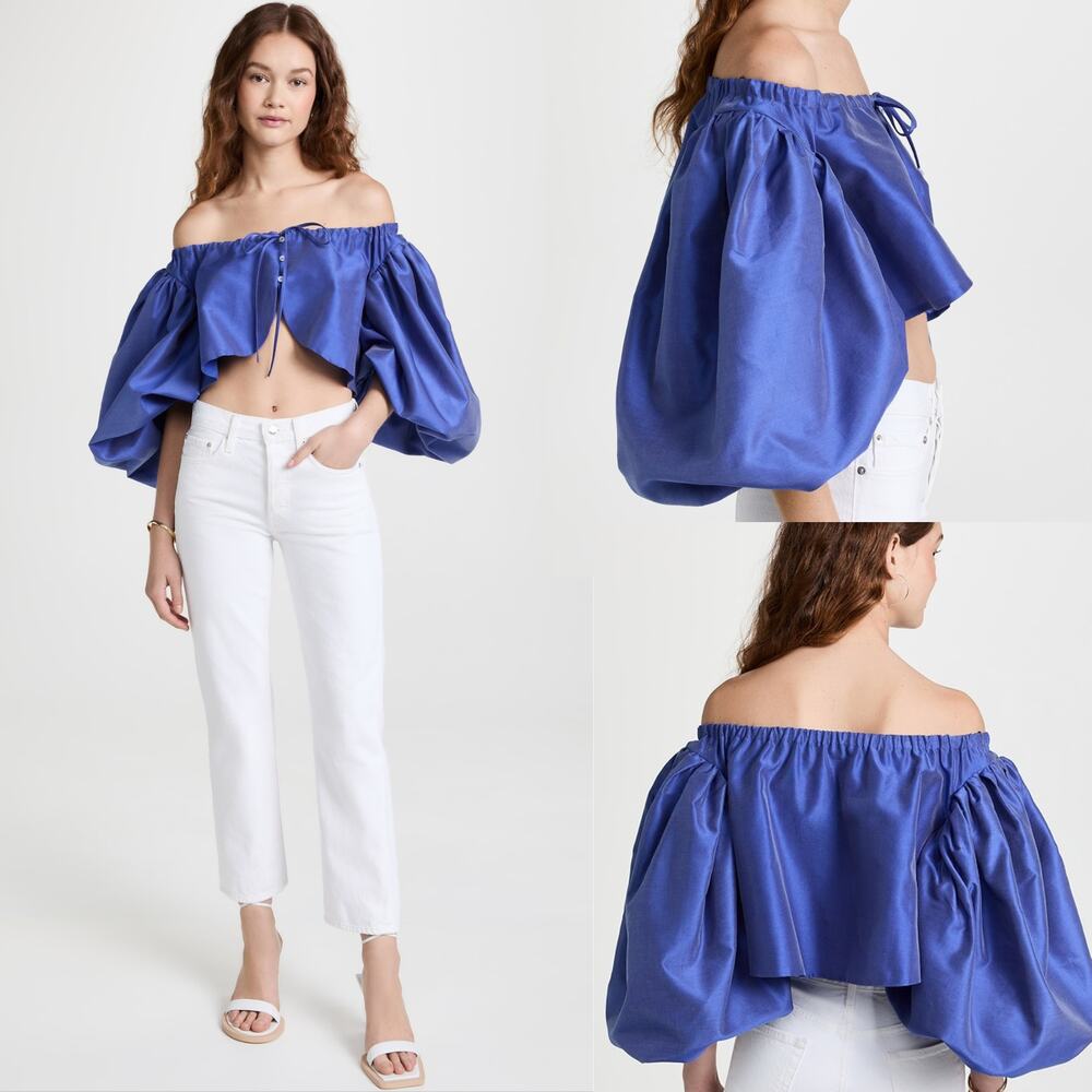 Rosie Assoulin Floaties Top Ocean Blue Off Shoulder Balloon Sleeve Crop Top Sz 0